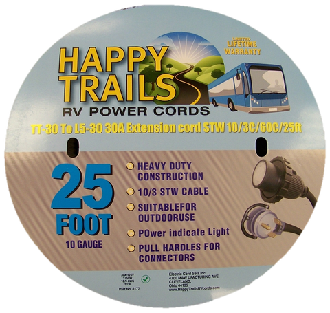 Happy Trails RV 30 Amp - 25 ft RV Locking Power Cord with Lighted Ends and Pull Handle (8177)