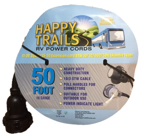 Happy Trails RV 30 Amp - 50 ft RV Electric Locking Power Cord with Lighted End and Pull Handle (8178T)