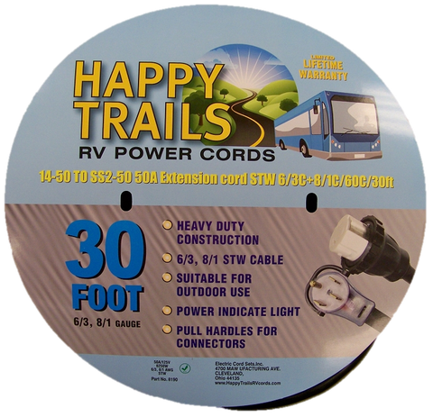 Happy Trails RV 50 amp - 30 ft Locking RV Camper Power Cord with Lighted Ends and Pull Handle (8190T)