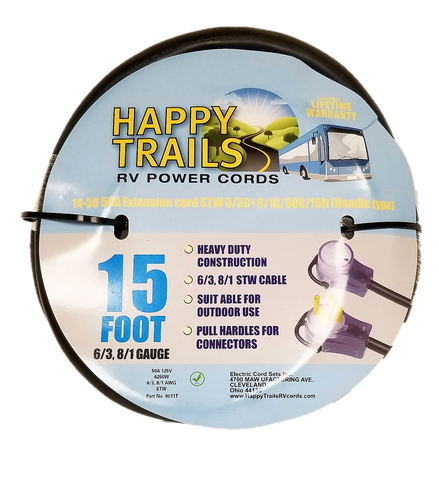 Happy Trails RV 50 Amp - 15 ft RV Extension Cord with Pull Handles and Lighted End (9511T)