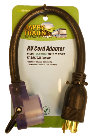 Happy Trails RV locking 20 amp Male to straight blade 30 amp Female dogbone adapter (9515T)