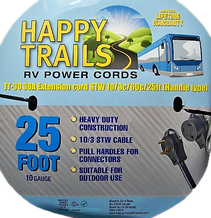 Happy Trails RV 30 Amp - 25 Ft RV Camper Electric Extension Cord With Pull Handles and Lighted Ends (6748T)