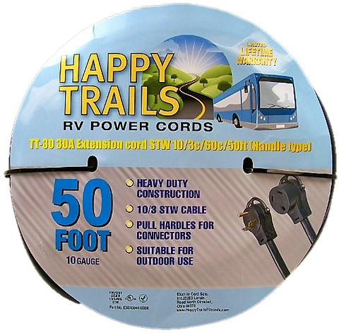 Happy Trails RV 30 Amp - 50 Foot extension cord with Lighted Ends and Pull Handle (6749T)