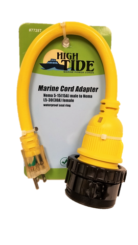 High Tide Marine Standard 15 amp Male to 30 amp locking female dogbone adapter with LED Indicators (7728T)