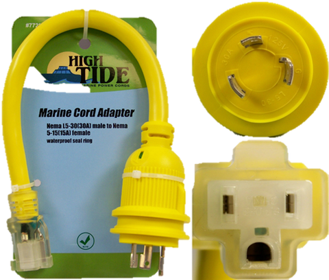 High Tide Marine Shore Power Adapter with locking 30 amp male to standard 15 amp female (7729)