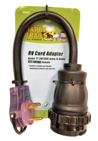 Happy Trails RV straight blade 30 amp male to a locking 50 amp female dogbone adapter (8924T)